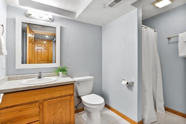 full bathroom featuring tile patterned floors, visible vents, toilet, a shower with shower curtain, and vanity