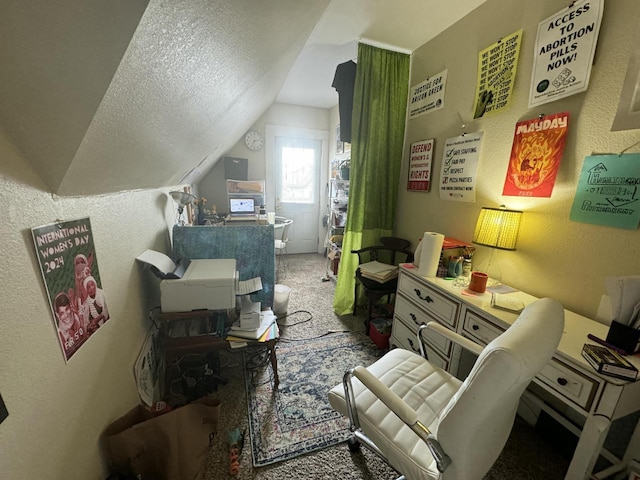 interior space with carpet, a textured ceiling, and lofted ceiling