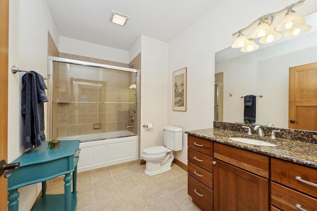 full bathroom with toilet, shower / bath combination with glass door, and vanity