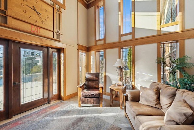 carpeted living room with a high ceiling