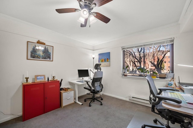 carpeted office featuring a baseboard heating unit, crown molding, and ceiling fan