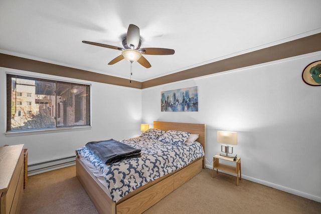 bedroom with ornamental molding, a baseboard heating unit, light colored carpet, and ceiling fan