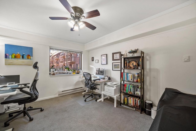 carpeted office with baseboard heating, ceiling fan, and crown molding