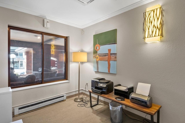 office space featuring ornamental molding and a baseboard heating unit