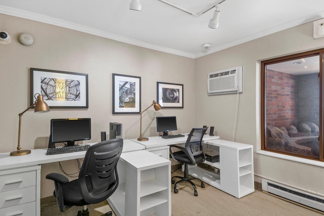 office with rail lighting, a wall mounted AC, ornamental molding, light colored carpet, and a baseboard heating unit