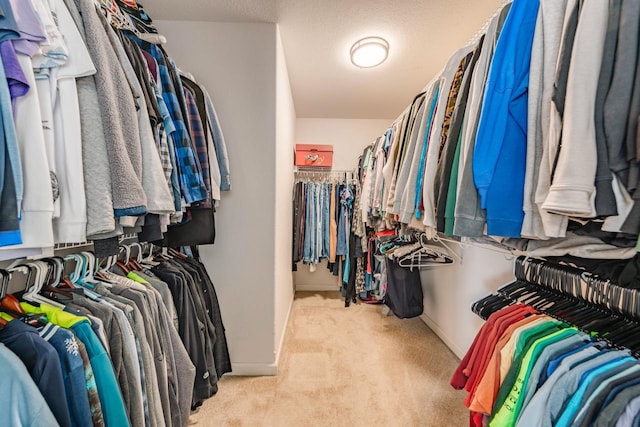 walk in closet with light carpet