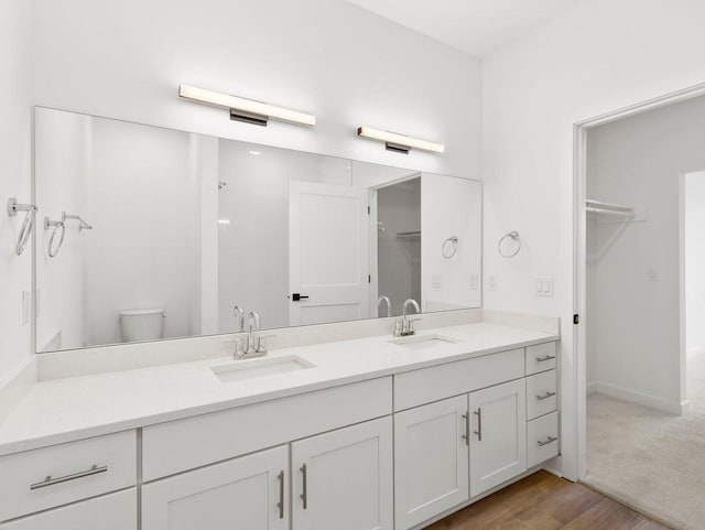 bathroom with wood-type flooring, toilet, and vanity