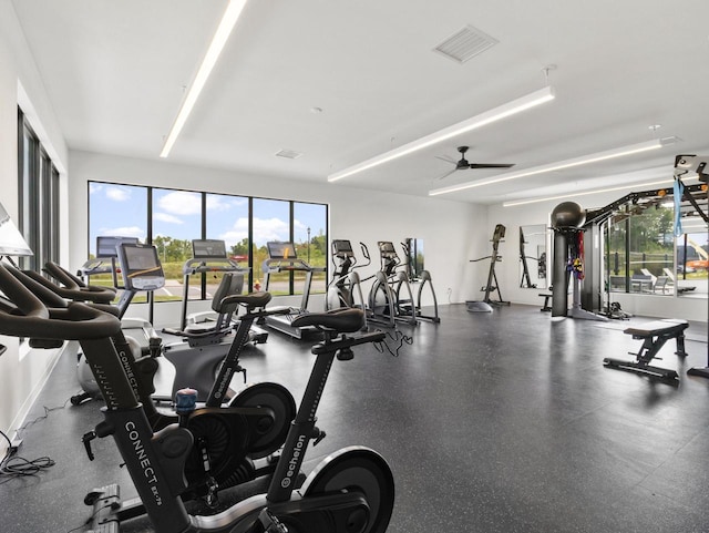 gym featuring ceiling fan