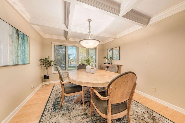 dining room featuring coffered ceiling, beam ceiling, and light hardwood / wood-style floors