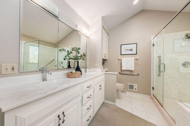 bathroom with a shower with shower door, toilet, tile patterned flooring, vanity, and lofted ceiling