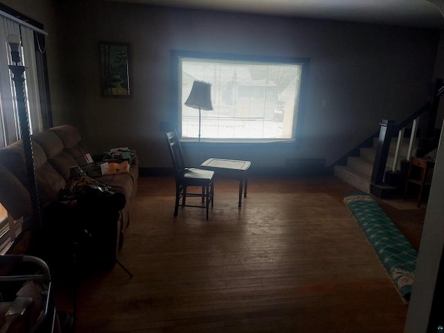 living room featuring dark wood-type flooring