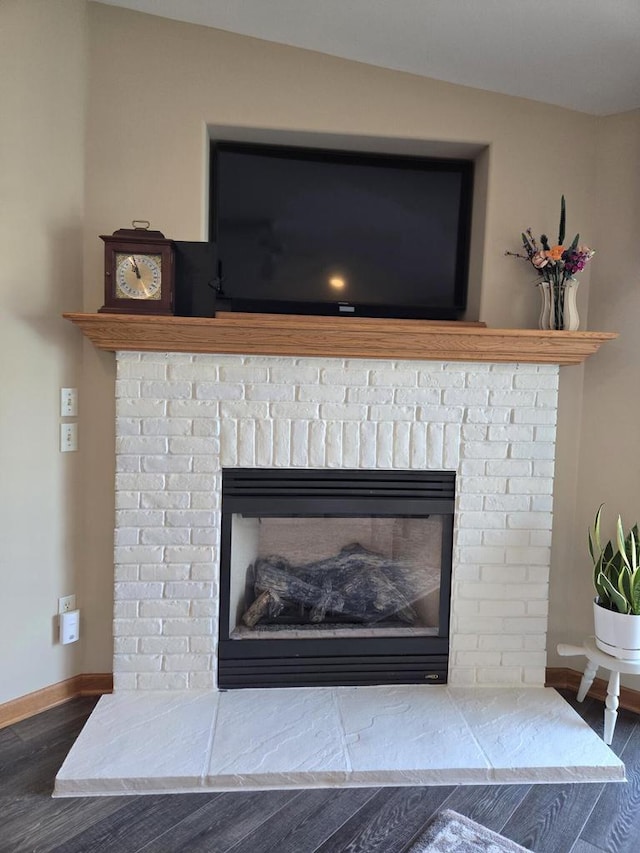 details featuring a fireplace and wood-type flooring