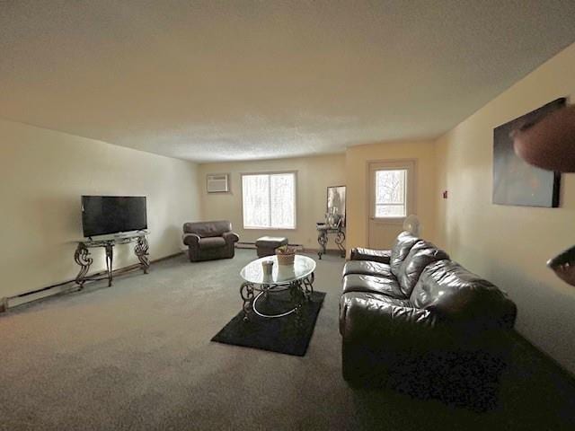 carpeted living room featuring an AC wall unit