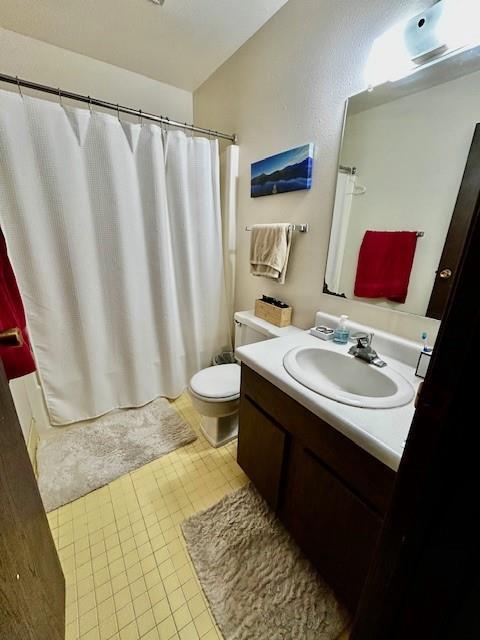 bathroom with toilet, vanity, and a shower with shower curtain