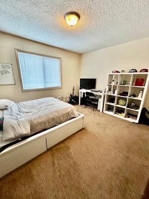 bedroom featuring carpet and a textured ceiling