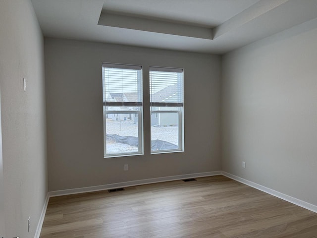 unfurnished room with light hardwood / wood-style floors and a raised ceiling