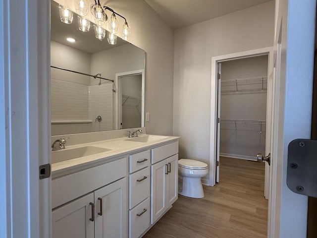 bathroom with vanity, toilet, and wood-type flooring