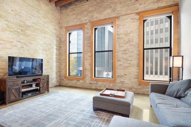 living room with a high ceiling