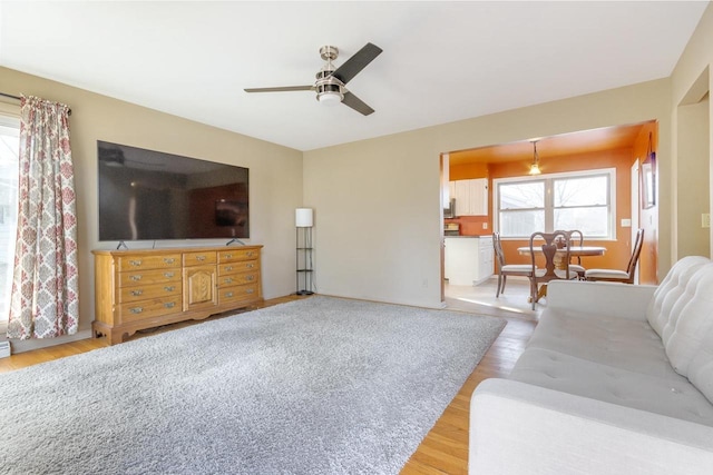 living room featuring ceiling fan and light hardwood / wood-style flooring