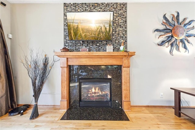 interior details with hardwood / wood-style floors and a fireplace