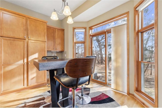 dining room with plenty of natural light, an inviting chandelier, and light hardwood / wood-style floors