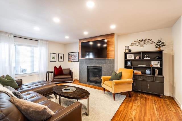 living room with hardwood / wood-style flooring and a fireplace