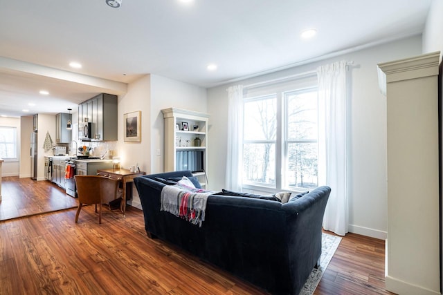 living room with dark hardwood / wood-style flooring