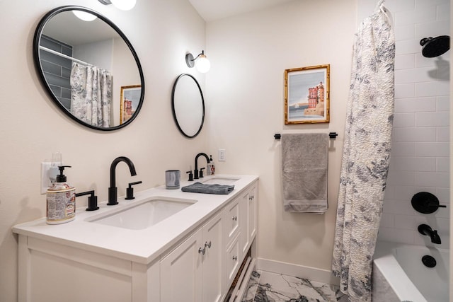 bathroom featuring vanity and shower / tub combo with curtain