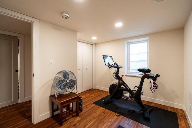 exercise area featuring dark wood-type flooring