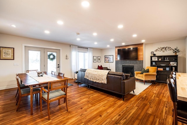 living room with a fireplace and wood-type flooring