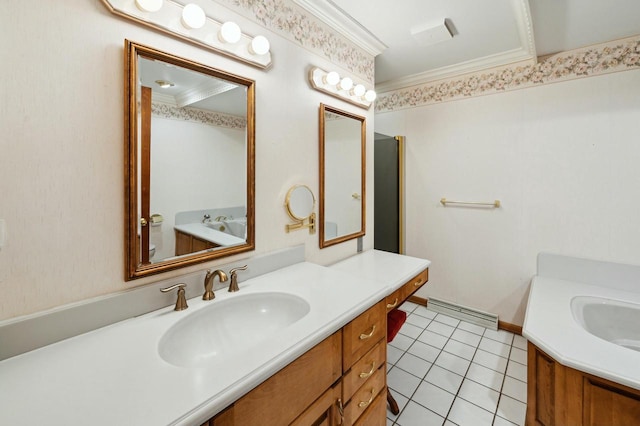 bathroom with crown molding, tile patterned flooring, a bathing tub, vanity, and toilet