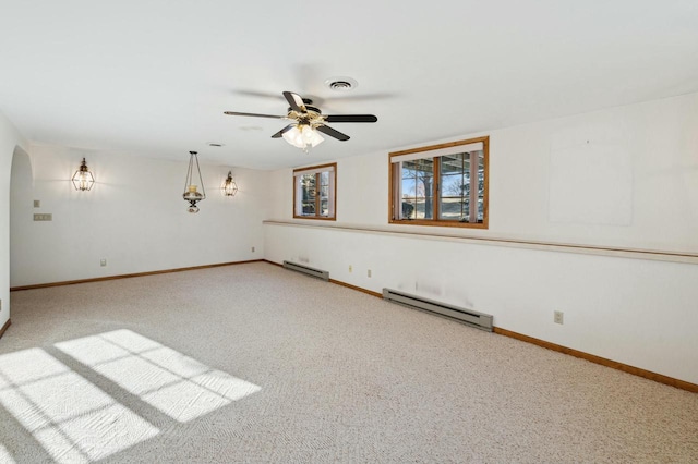 empty room with carpet floors, ceiling fan, and baseboard heating