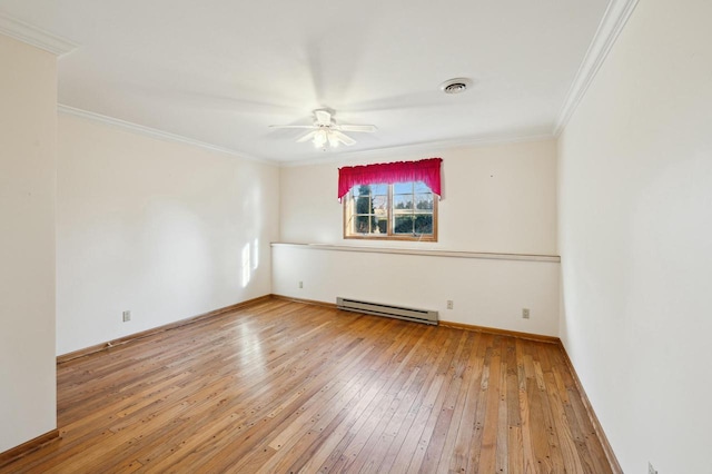 unfurnished room featuring wood-type flooring, ornamental molding, ceiling fan, and baseboard heating