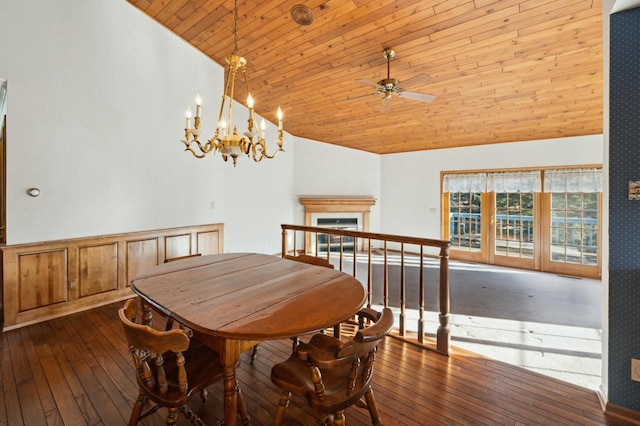 dining space featuring ceiling fan, dark hardwood / wood-style flooring, vaulted ceiling, and wooden ceiling