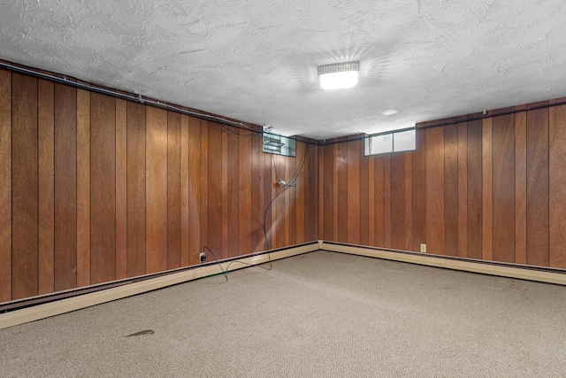 basement featuring carpet flooring, wooden walls, and a textured ceiling