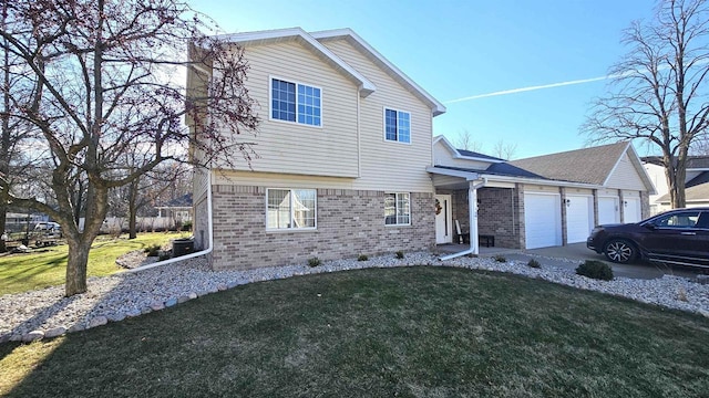 front of property with a garage, cooling unit, and a front yard