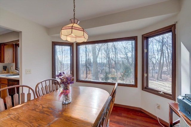 dining room with sink and dark hardwood / wood-style flooring