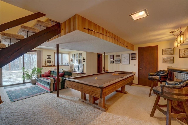 playroom featuring pool table and light carpet