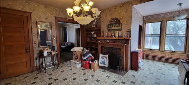 living room featuring an inviting chandelier