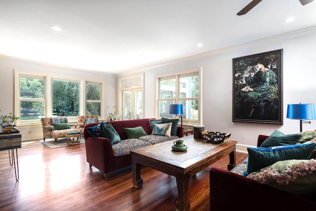 living room featuring hardwood / wood-style floors, crown molding, and a healthy amount of sunlight