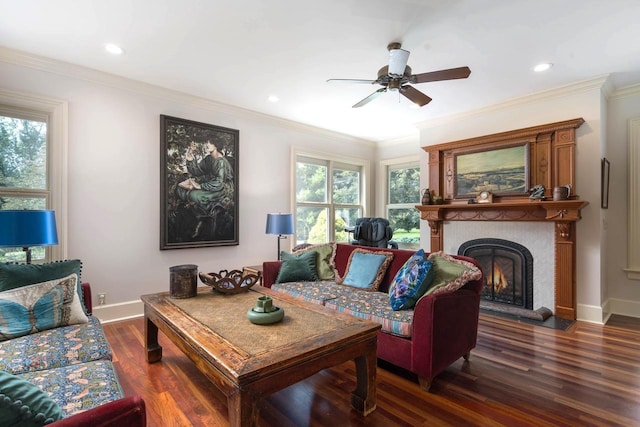 living room with a large fireplace, ceiling fan, crown molding, and dark hardwood / wood-style flooring