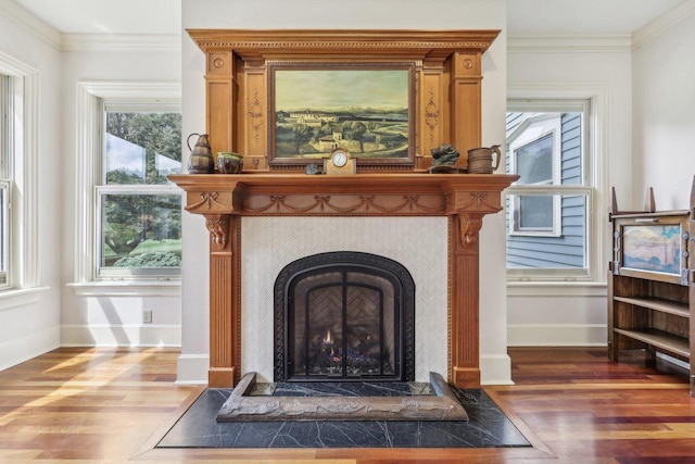 interior details with crown molding, a fireplace, and wood-type flooring