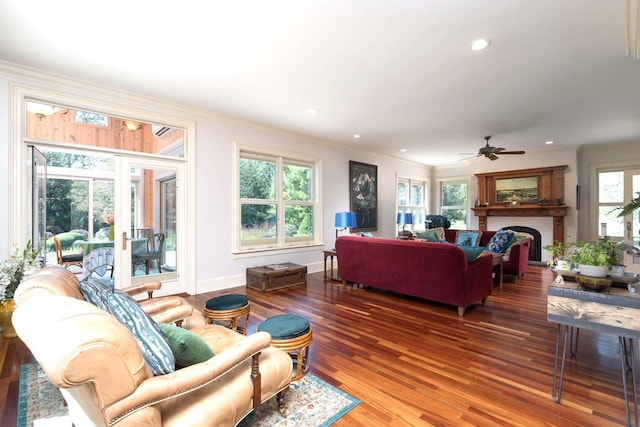 living room featuring ornamental molding, a healthy amount of sunlight, and hardwood / wood-style floors