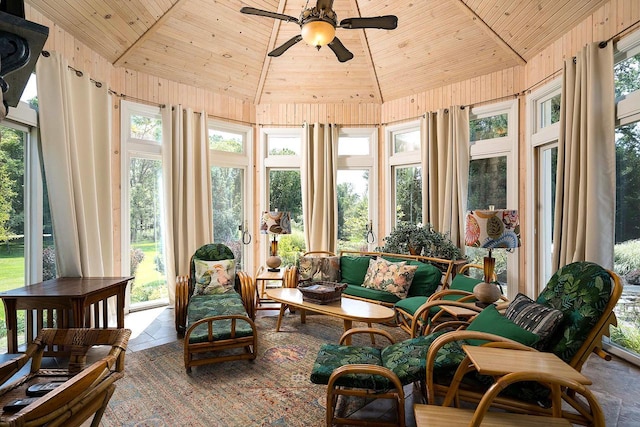 sunroom / solarium featuring ceiling fan, wooden ceiling, and lofted ceiling