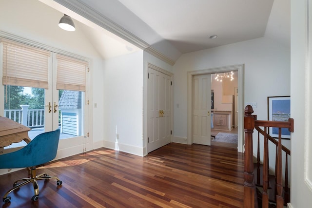 office space with french doors, lofted ceiling, and dark hardwood / wood-style flooring