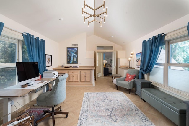 office area featuring light parquet floors, lofted ceiling, plenty of natural light, and a chandelier