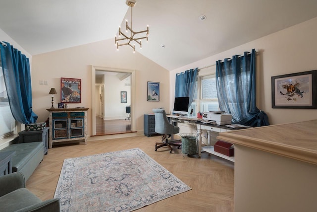 office with a chandelier, light parquet flooring, and lofted ceiling