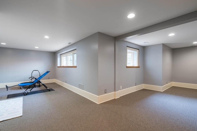 exercise room featuring a wealth of natural light and carpet flooring