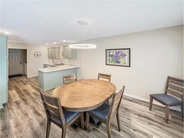 dining space with sink and hardwood / wood-style floors