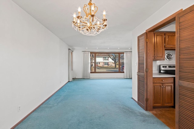 hall featuring a chandelier and light colored carpet